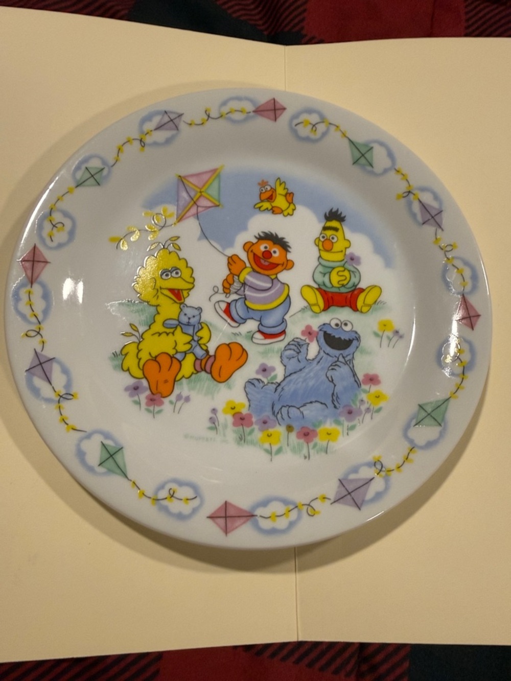 VINTAGE Sesame Street White Ceramic Plate with Light Blue Rim
